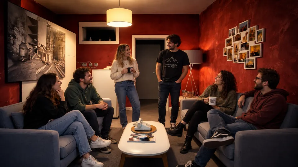 Gäste in der Lounge von EscapeVenture Hamburg vor ihrem Escape-Room-Erlebnis