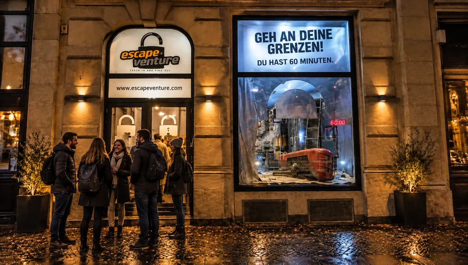 Entrance to EscapeVenture Leipzig on Dresdner Strasse in the evening